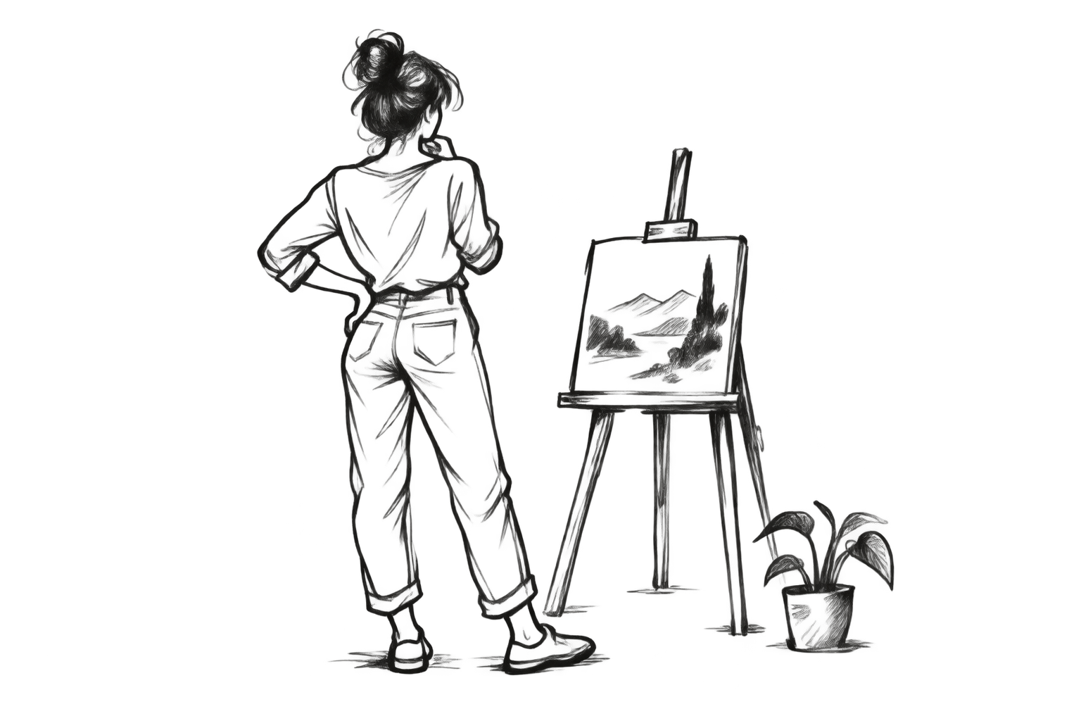 A person stepping back from a drawing on an easel to see it with fresh eyes.